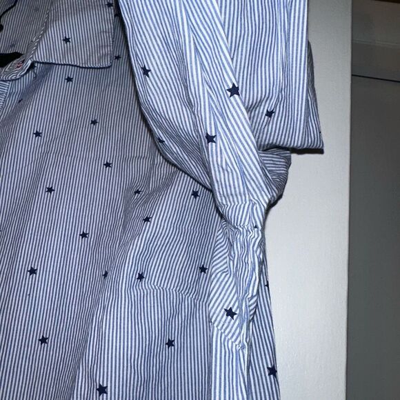 Tommy Hilfiger Large Blue White Stripe Star Pattern Ruffle LS Button Blouse NWOT - Picture 5 of 10